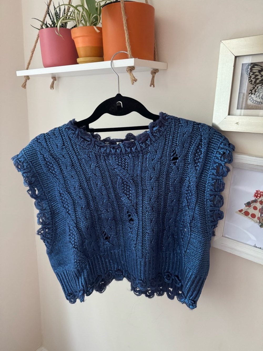 Zara Distressed Metallic Blue Chunky Cable Knit Sleeveless Sweater Vest